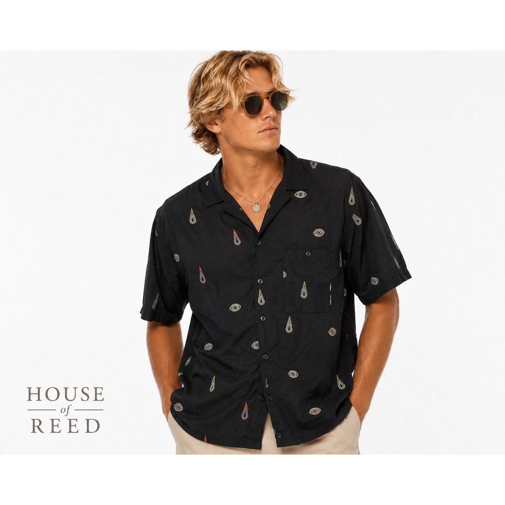 Billabong Gallery Mens XXL Black Embroidered Eye Teardrop Button Shirt M519TBB0